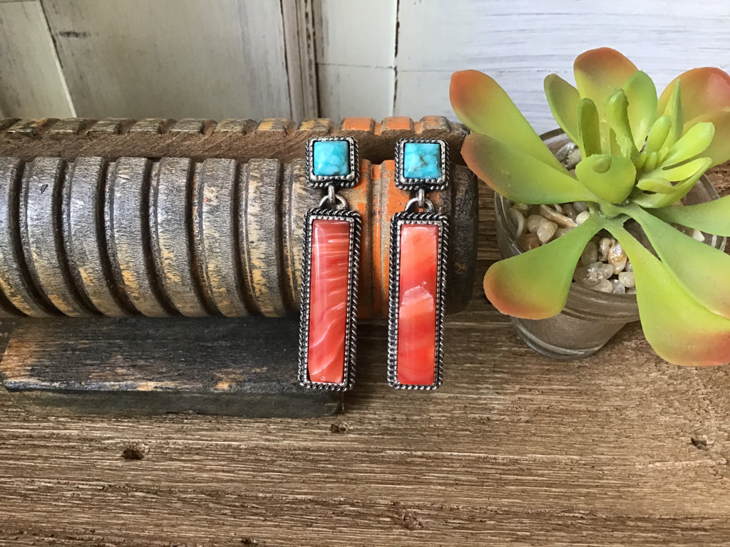 Turquoise & Coral Bar Earrings
