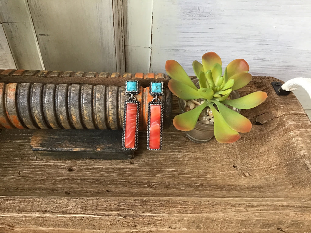 Turquoise & Coral Bar Earrings
