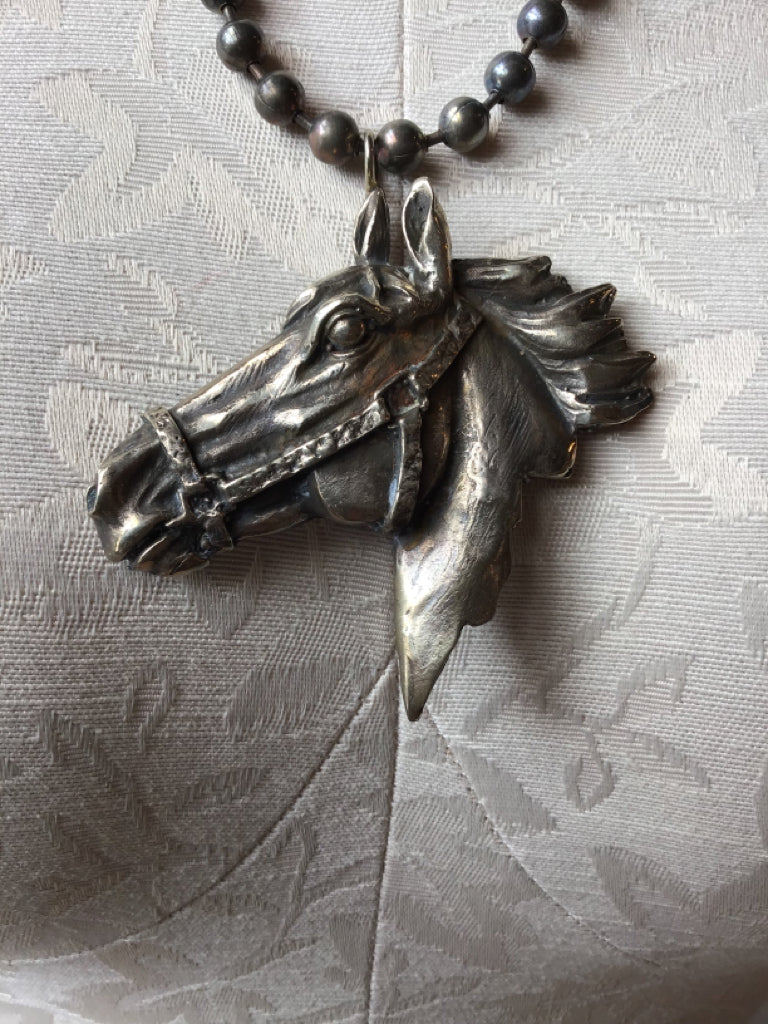 Handmade Carved Horse Head & Pearl  Silver Necklace