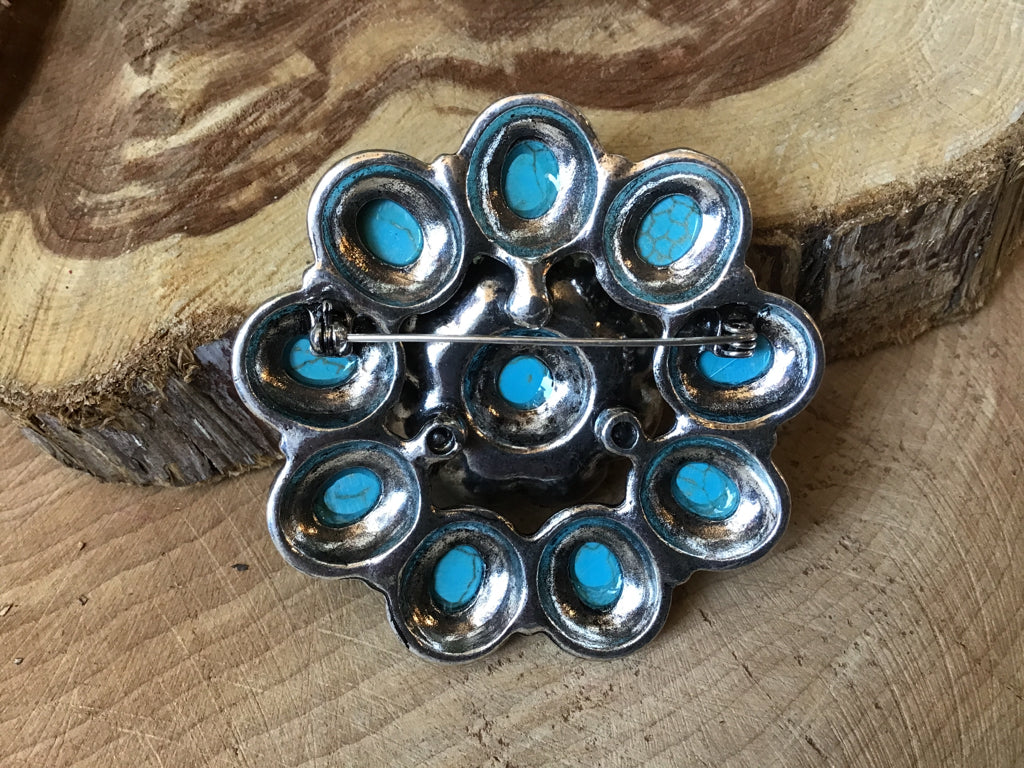 Turquoise Flower Brooch or Hat Pin