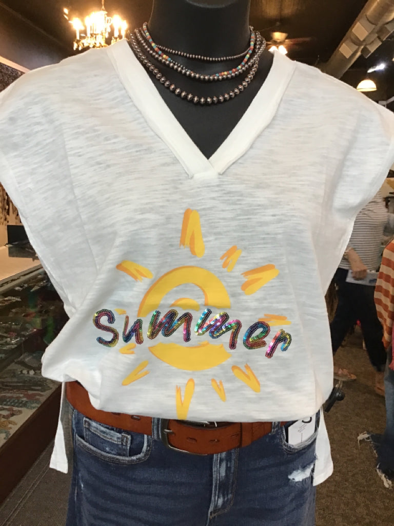White Cotton Summer Sunshine Graphic T Shirt - SML