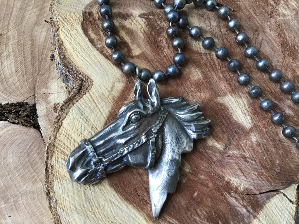 Handmade Carved Horse Head & Pearl  Silver Necklace