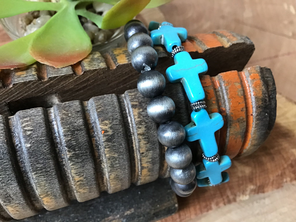 Turquoise & Navajo Style Pearl Stretch Bracelet Trio