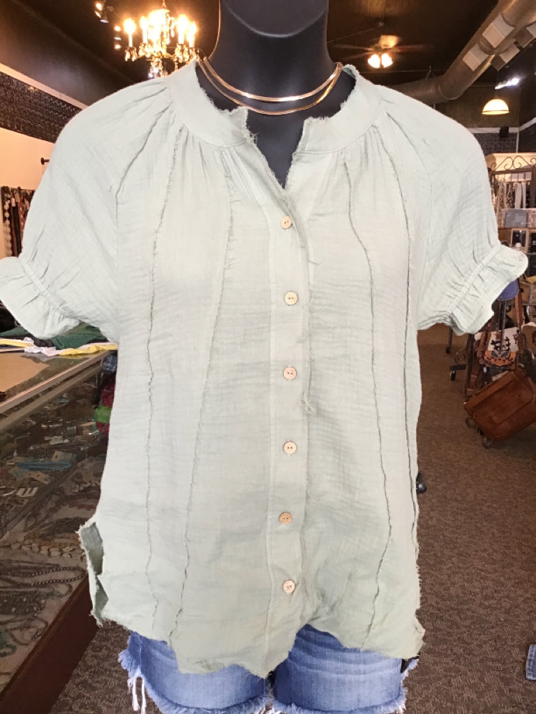 Sage Puff Short Sleeve Button Front Cotton Shirt - S to 3X