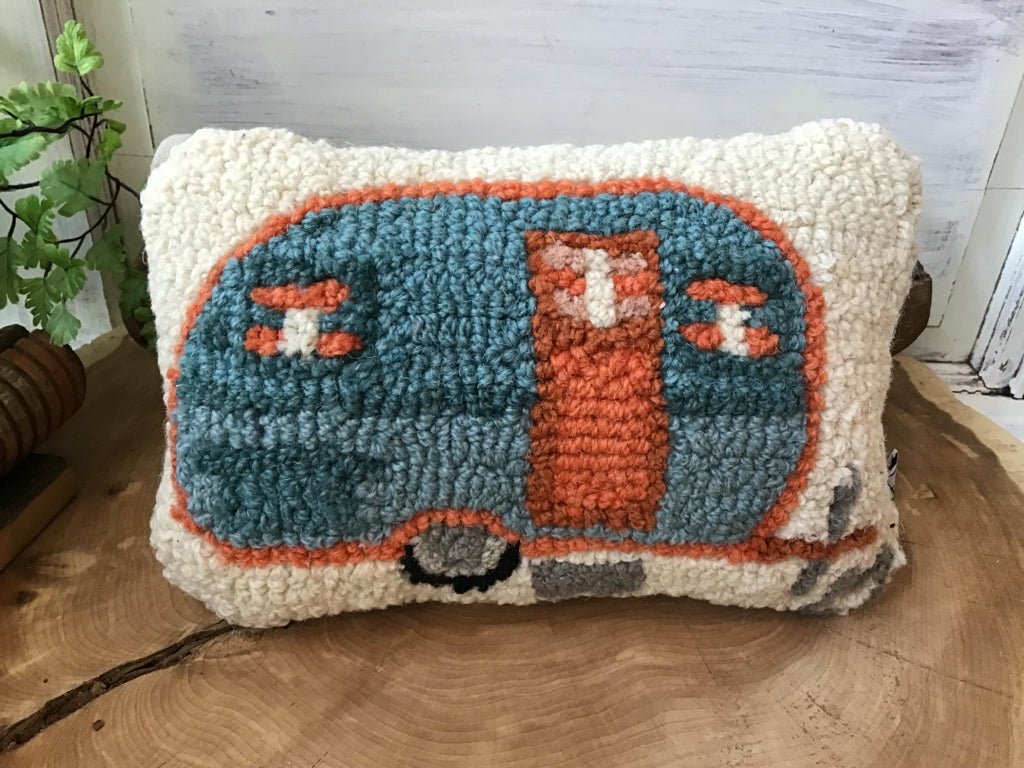 Handhooked Wool Teardrop Camper Pillow