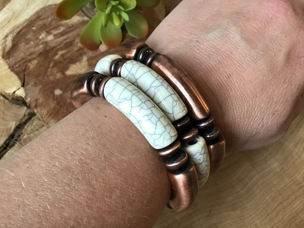 Copper Pearl & White Stone Stretch Bracelet Trio