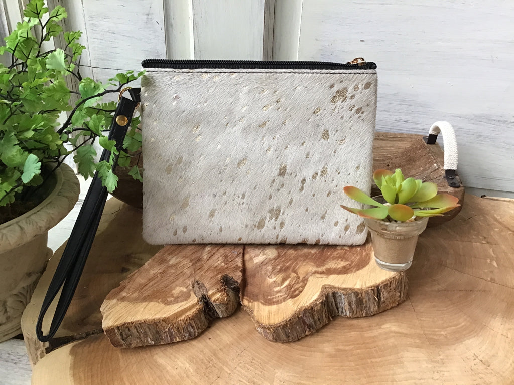 Gold Flecked Cowhide Wristlet Purse