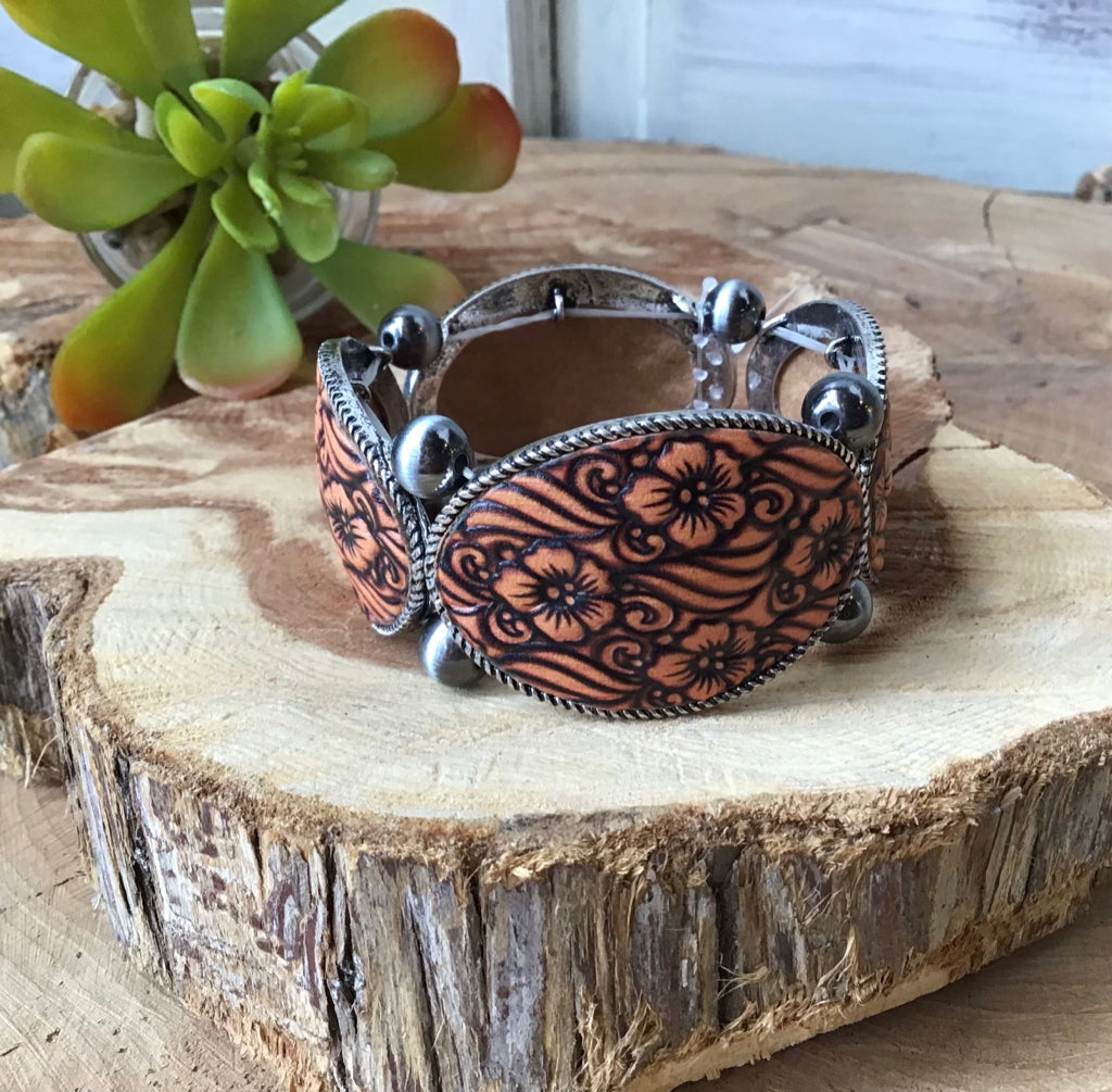 Tooled Leather Floral Stretched Bracelet