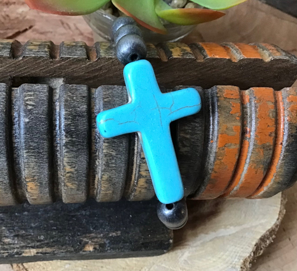 Turquoise Cross Navajo Style Pearl Stretch Bracelet