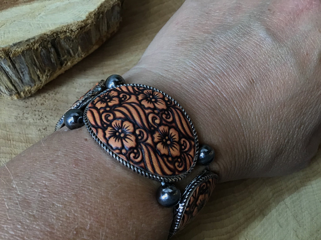 Tooled Leather Floral Stretched Bracelet