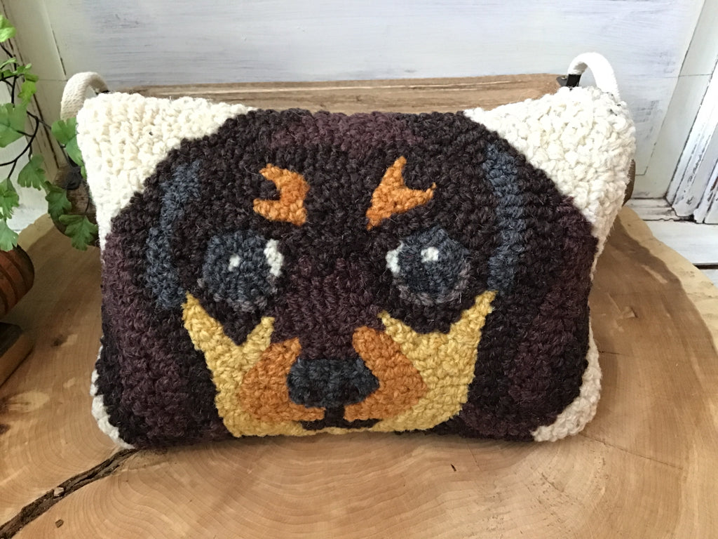 Handhooked Wool Daschund Pillow