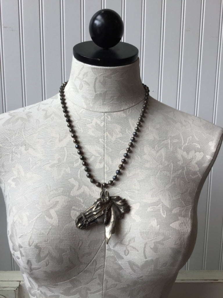 Handmade Carved Horse Head & Pearl  Silver Necklace