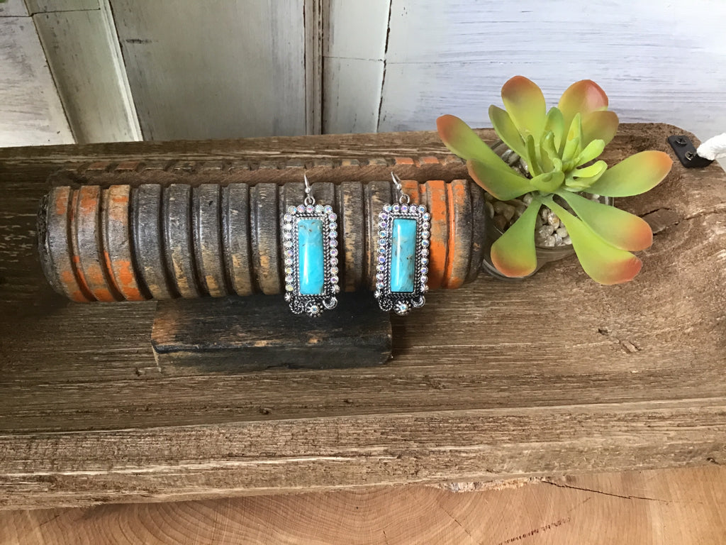 Turquoise Rhinestone Bar Earrings