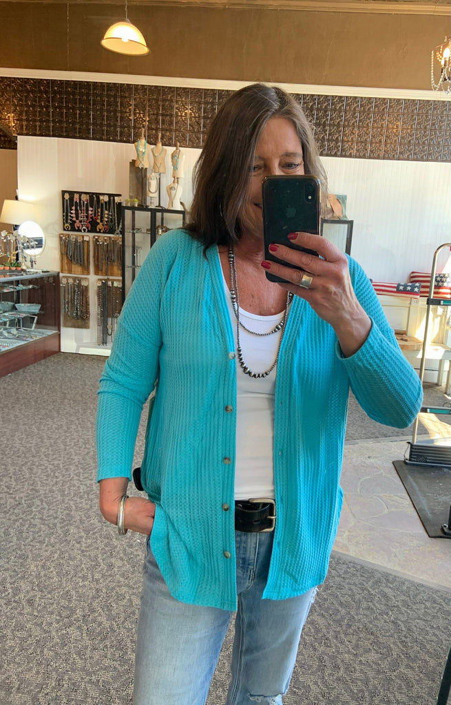 Turquoise Waffle Oversized Cardigan - SML