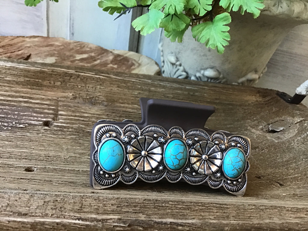 Silver Concho & Turquoise Hair Claw Clip 3.5"