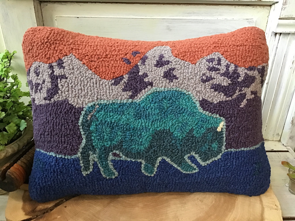 Hand Hooked Blue Bison Wool Pillow