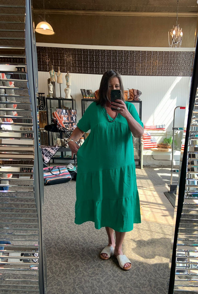 Green Cotton Crinkle Gauze Midi Dress - SML