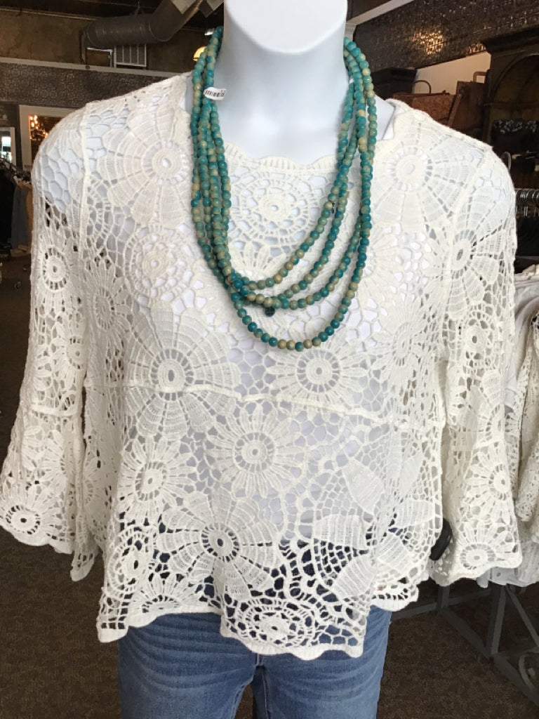 White Crocheted Bell Sleeve Sweater