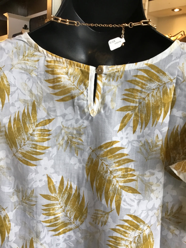 Mustard Ruffle Cap Sleeve Leaf Print Shirt - SML