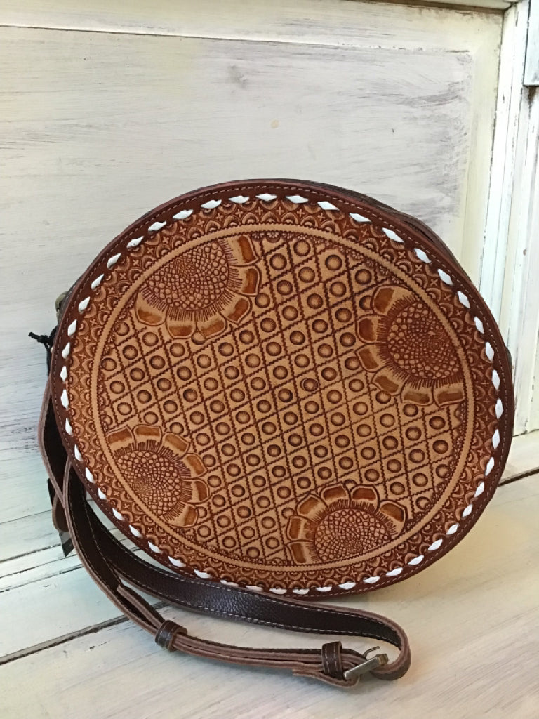 Leather Tooled Canteen Circle Crossbody – Seven Songbirds Boutique